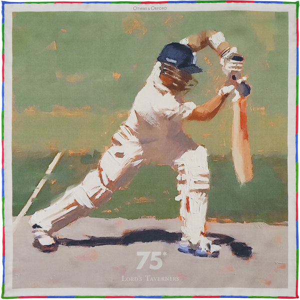 '75 Not Out' cricket silk pocket square in green & white (42 x 42cm)