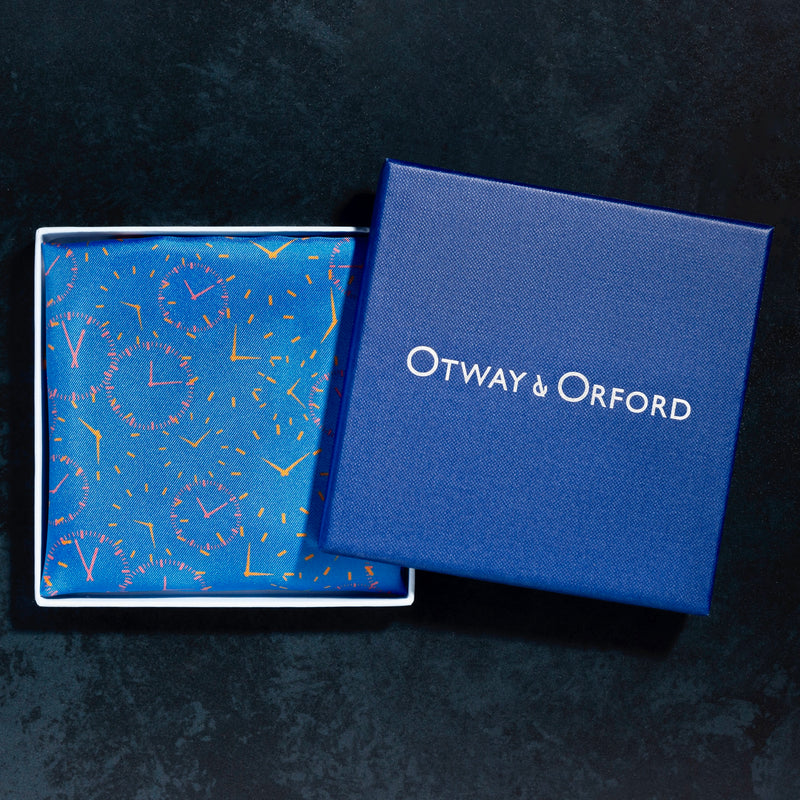 Chronos watch dial design silk pocket square in mid blue by Otway & Orford in gift box