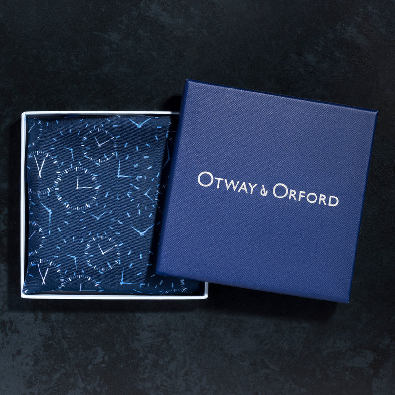Chronos watch dial design silk pocket square in navt blue by Otway & Orford in gift box