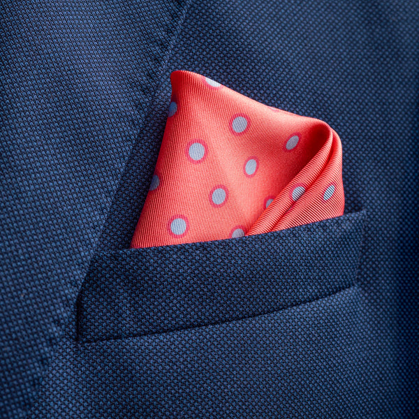 'Luna' polka dot silk pocket square in dusky pink by Otway & Orford folded in top pocket