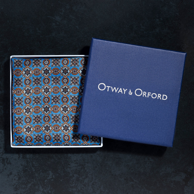 'Millefiori' silk pocket square in mid blue with orange by Otway & Orford folded in gift box
