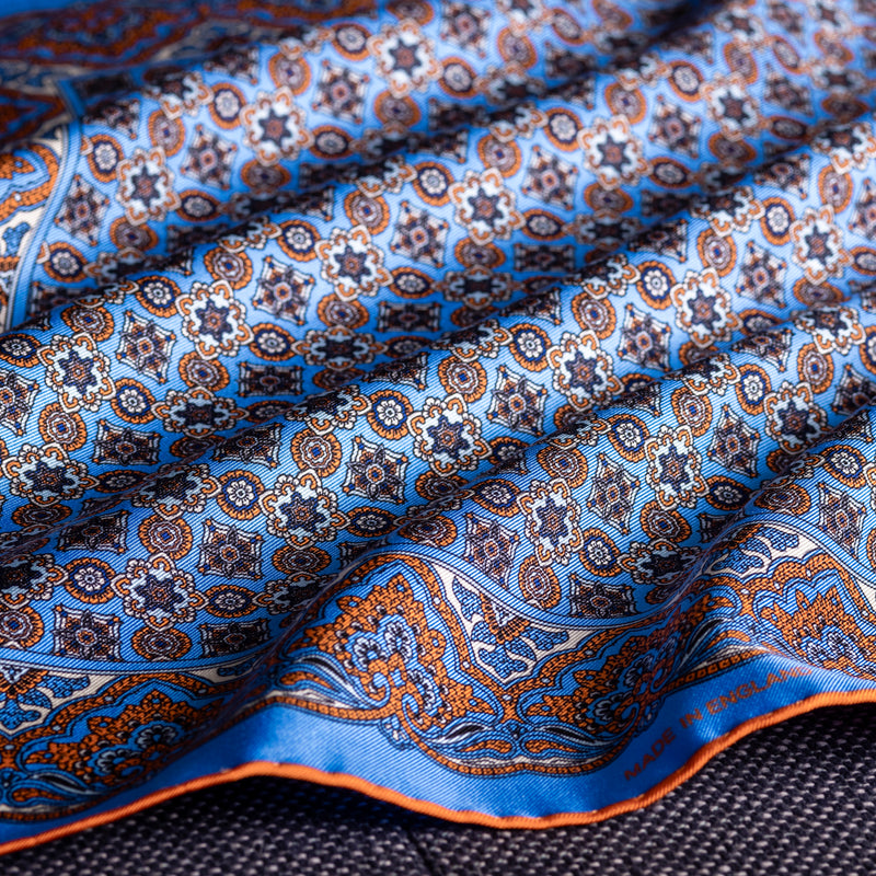 'Millefiori' silk pocket square in mid blue with orange by Otway & Orford