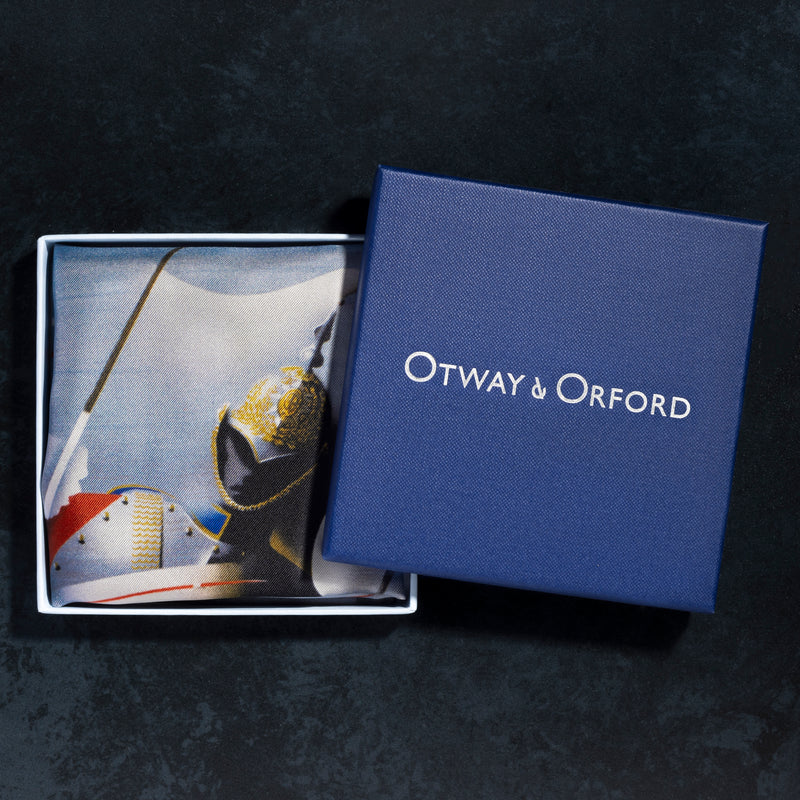 'Ride Ahead' ceremonial military silk pocket square by Otway & Orford folded in gift box