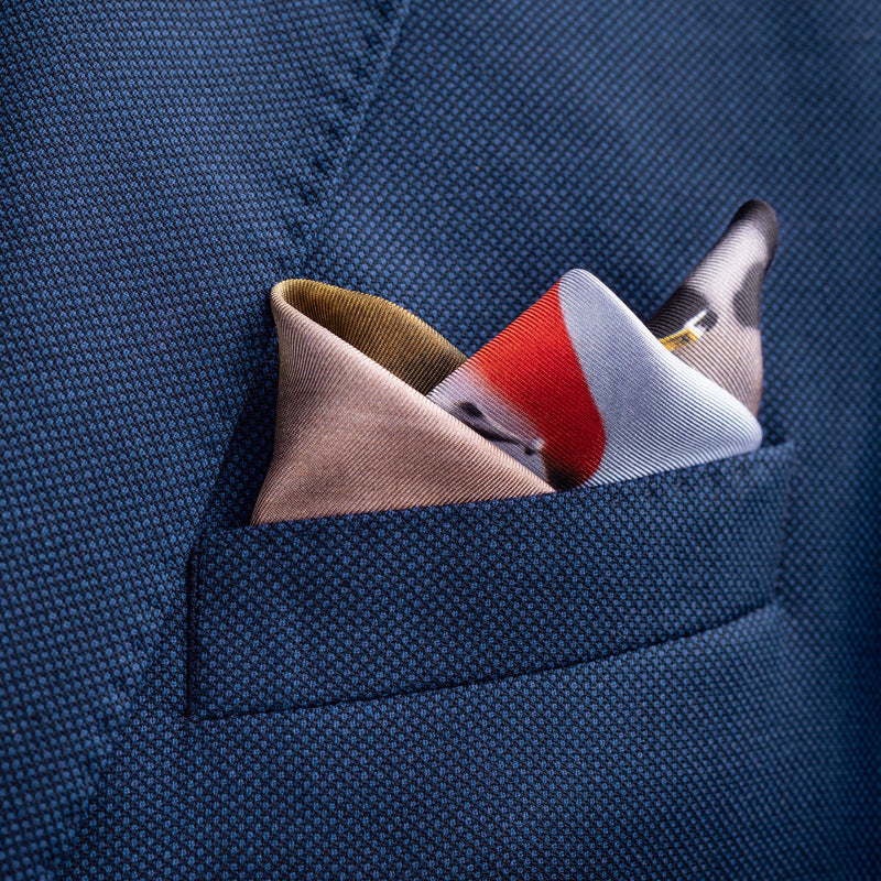 'Ride Ahead' ceremonial military silk pocket square by Otway & Orford folded in top pocket