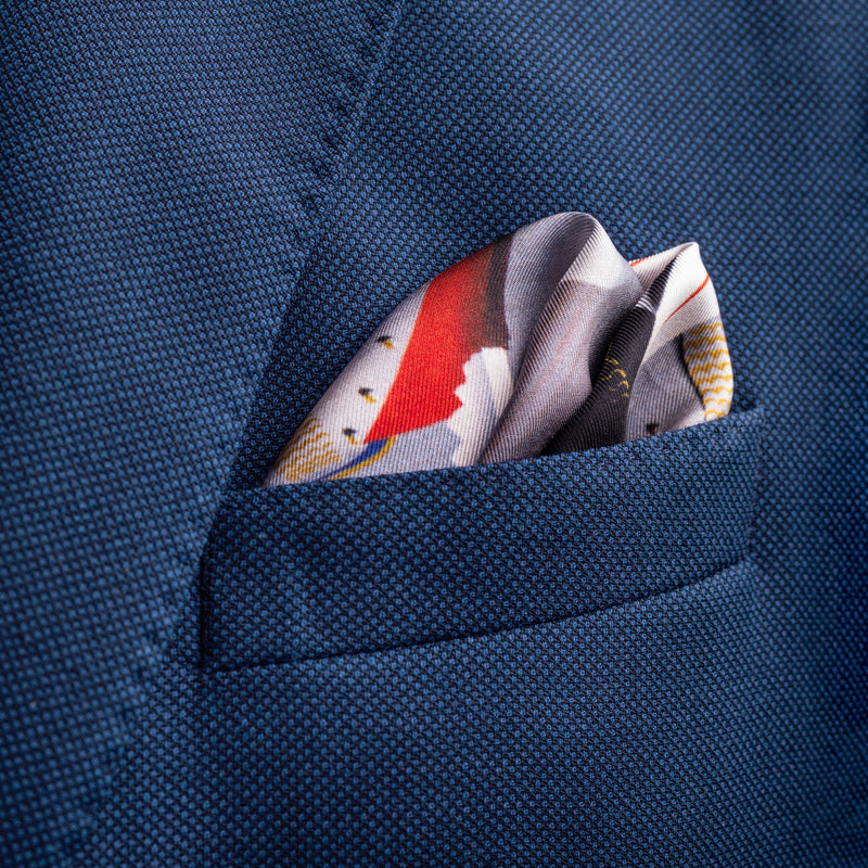 'Ride Ahead' ceremonial military silk pocket square by Otway & Orford folded in top pocket