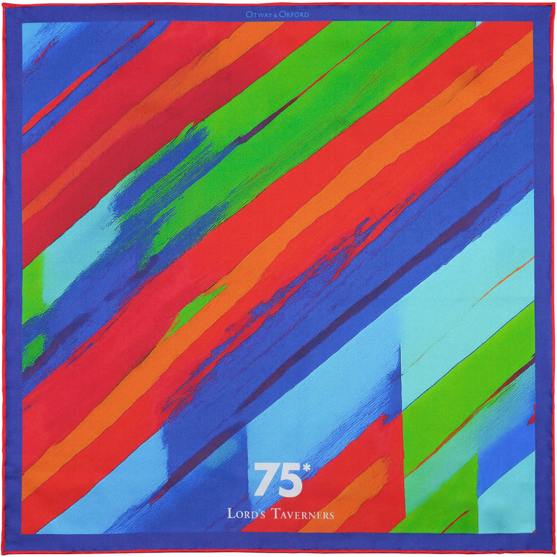 'Taverners' Celebration' striped silk pocket square in red, green, blue & orange (42 x 42cm)