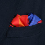 'Taverners' Celebration' striped silk pocket square in red, green, blue & orange (42 x 42cm)