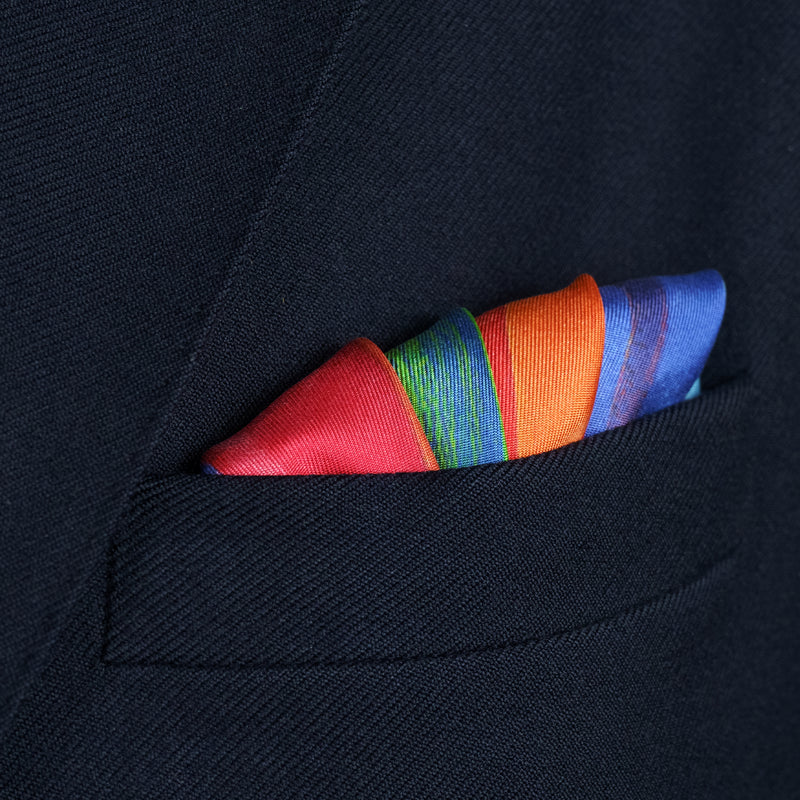 'Taverners' Celebration' striped silk pocket square in red, green, blue & orange (42 x 42cm)